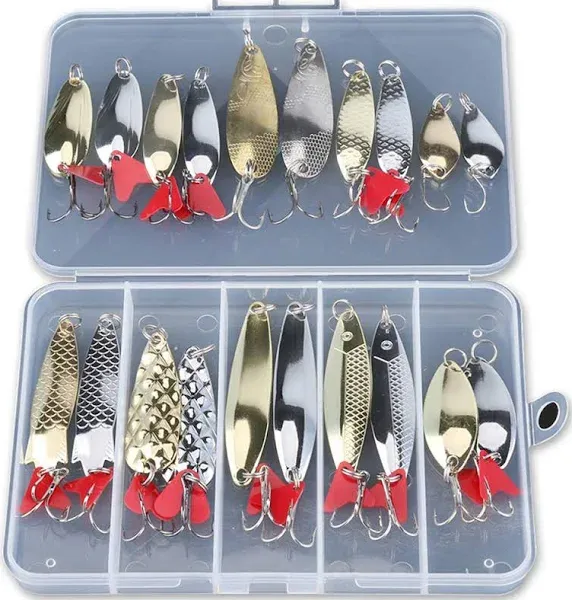 DONQL Spoon Fishing Lures, 20pcs Metal Fishing Spoon Lures Hard Baits Saltwater Fishing Lures Spinner Baits Fish Treble Hooks Tackle Salmon Bass (Set B)