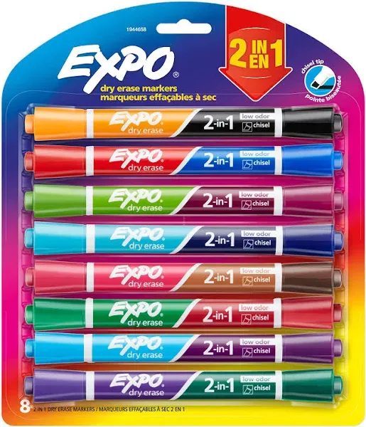 Expo Dual-Ended Chisel Tip Low Odor Dry Erase Markers, Assorted Colors, 8 Count