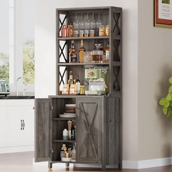 DWVO 67" Tall Wine Bar Cabinet for Liquor and Glasses Farmhouse Kitchen Cabinet Coffee Bar with Adjustable Shelves