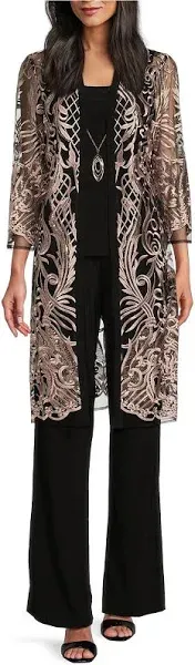 R M Richards 34 Sleeve Round Neck Embellished Sequin Duster Jacket 3-Piece Pant Set - 10