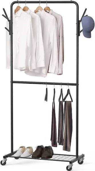  Double Rod Garment Rack With Wheels And Hooks, Black