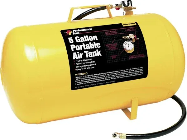 Air Tank Portable 5Gals Steel Yellow 3&#039; Hose Shut-Off Valve PSI Gauge Tire Chuck