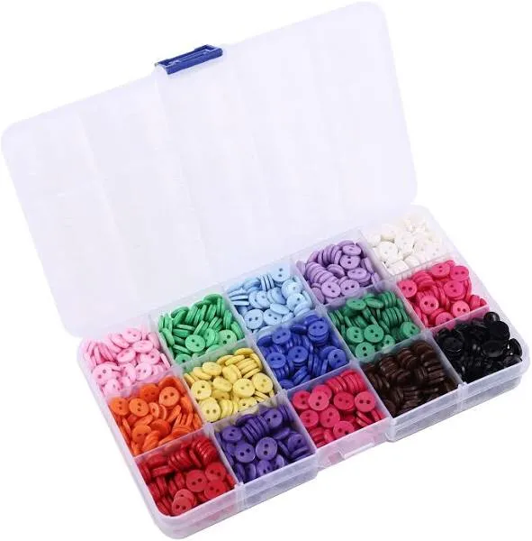 9mm 2 Hole Tiny Size Flatback Resin Color Sewing Buttons, 15 Colors Pack of 1500 with Box, The Surface is Smooth, Waterproof and Durable, for DIY Crafts Children's Manual Project.