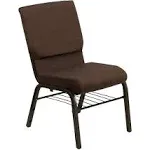 Hercules Series 18.5''W Church Chair with Book Rack Brown Fabric/Gold Vein Frame