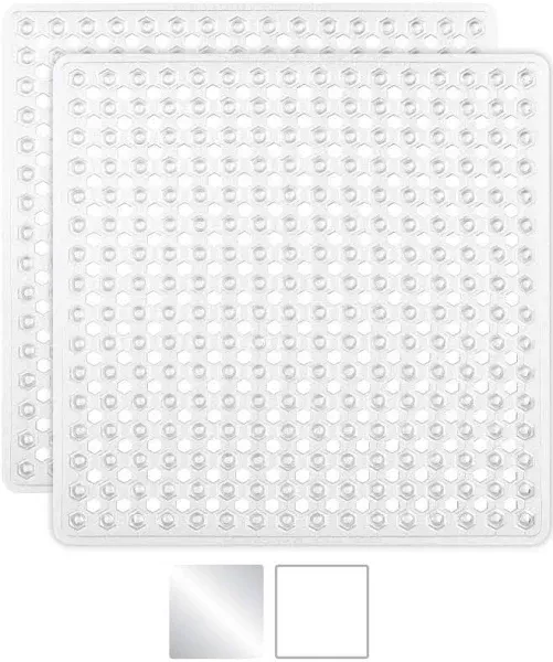 Gorilla Grip Patented Shower and Bathtub Mat, 21x21, Small Square Shower Stall Floor Mats with Suction Cups and Drainage Holes, Machine Washable and Soft on Feet, Bathroom Accessories, Pack of 2 White