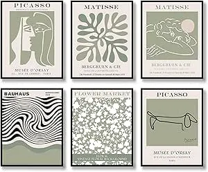 Retro Wall Art Prints Set of 6 Vintage Posters Famous Abstract Illustration Positive Wall Decor Exhibition Aesthetic Matisse Flower Market Picture Canvas Inspiring Art Painting for Living Room Bedroom