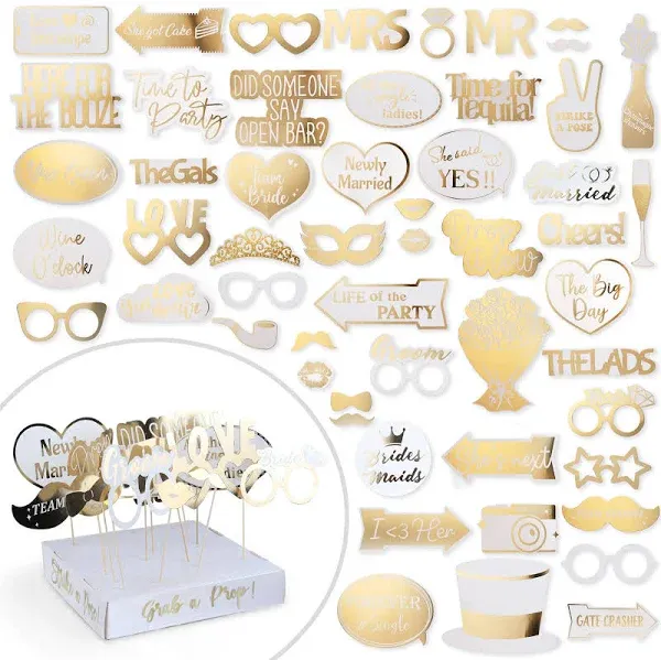 60PC Wedding Photo Booth Props Gold Signs Elegant Bridal Party Props