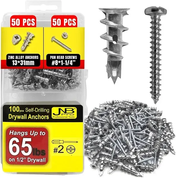 JNB Pro 100Pcs Zinc Dry Wall Anchors and Screws Kit Metal - 50 Pcs Self Drilling Anchors and 50 Pcs #8 x 1-1/4" Screws, Heavy Duty 65lb Capacity, No Need for Studs!