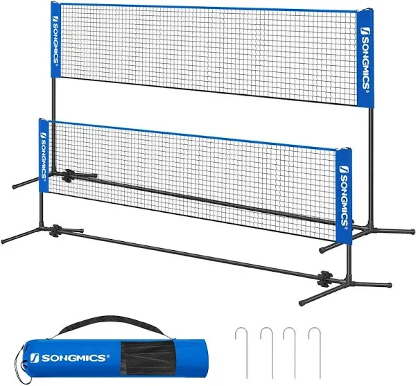 SONGMICS Badminton Net, Height Adjustable Volleyball Net, Pickleball Net for Junior Tennis, Kids, Indoor Outdoor Court, Foldable Nylon Net with Poles 10ft/13ft/16.5ft Wide