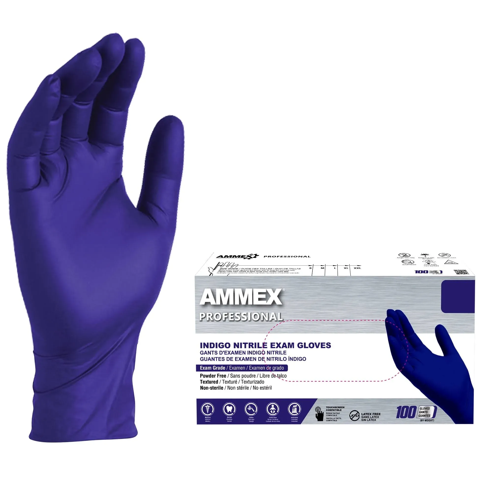 Ammex Professional Nitrile Exam Gloves, Powder-Free, 3 mil, X-Large, Indigo, 100/Box