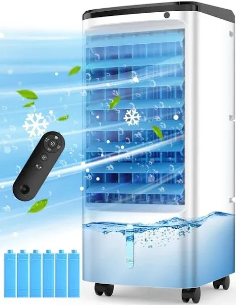 Evaporative Air Cooler, Swamp Cooler Air Conditioner w/ 12H Timer for Auto-off, 6 Upgraded Ice Packs, 3-Speed Windowless Air Conditioner, Smart Remote, Dual Tank Portable Air Cooler for Room