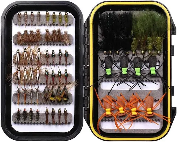 Wifreo Fly Fishing Flies Assortment with Waterproof Fly Box, 28/40/64/92/120pcs Dry/Wet/Nymph/Streamer Flies, Trout/Bass/Panfish/Salmon Fishing Flies