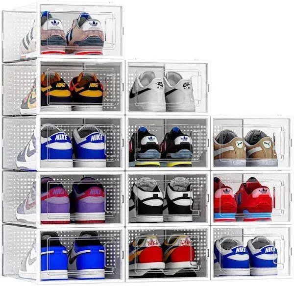 12 Pack Shoe Organizer Storage Bins Clear Plastic Stackable Shoe Boxes for Close