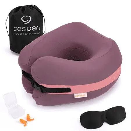 Cesperi Travel Neck Pillow Premium Memory Foam Head Chin Support Adjustable Length for Comfort. Airplane Travel Kit with Contoured Eye Mask