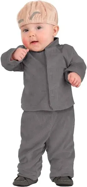 Evil Gray Suit Costume For Infants | Baby Henchman Outfit With Jacket, Pants, Soft Bald Cap Hat With Eyebrows