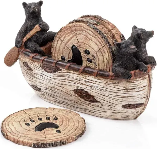 Bear Coasters Set of 6 Full Size Rustic Coasters in Handmade Canoe with Adorable Black Bear Figurines | Black Bear Log Cabin Decorations, Rustic Lodge Decor for The Home