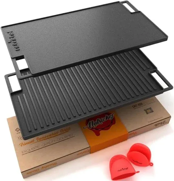 NutriChef Cast Iron Reversible Grill Plate – 18 Inch Flat & Ridged Skillet Griddle Pan, Fits Two Burners, for Gas, Electric, Ceramic Stovetops, with Silicone Oven Mitt