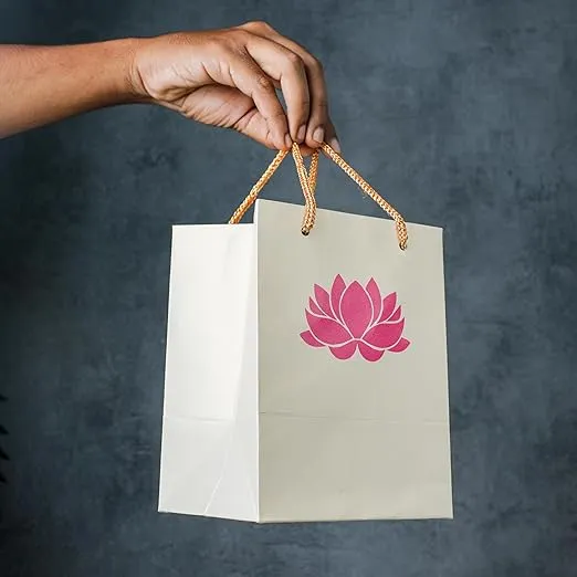 Desi Favors Lotus Gift Bags - Indian Printed White Paper Gift Bags for Christmas Weddings Birthdays Pooja/Puja - Small Gift Bags with Handles - Shagun Return Gift Bags - 6x5x8 Inch (Pack of 8)