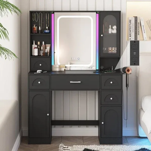 Veanerwood White Vanity Desk with Mirror, Lights, Makeup Vanity, RGB Lights, Power Strip