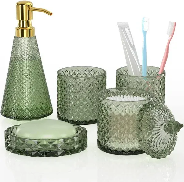 QIQU Sage Green Bathroom Accessories Set 5 Pcs Clear Bathroom Set with Lotion Dispenser