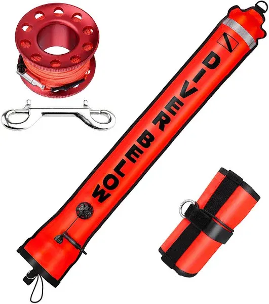 Seafard 4ft Red Scuba Diving Open Bottom Surface Marker Buoy (SMB) with 49ft Finger Spool Alloy Dive Reel and Double Ended Bolt Clip - Blue