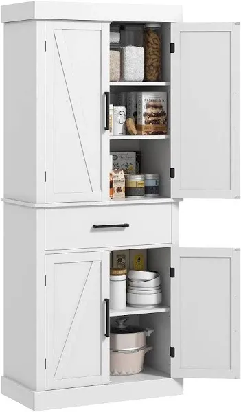 HOMCOM 72" Tall Kitchen Pantry Storage Cabinet, Farmhouse Freestanding Kitchen Cabinet with 4 Barn Doors, Drawer, 5-Tier Shelf and Adjustable Shelves, White