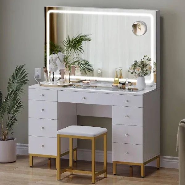 YITAHOME Vanity Desk Set with LED Lighted Mirror & Power Outlet 14 Hollywood