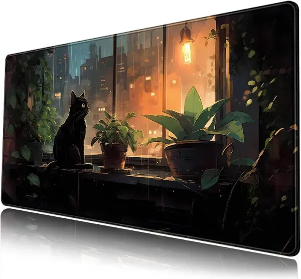 Mechanical Cattle Black Cat Desk Mat Green Plants Desk Pad Anime Large Gaming Mouse Pad XL Full Desk Mousepad Extended Keyboard Mat Big Long Mouse Mat