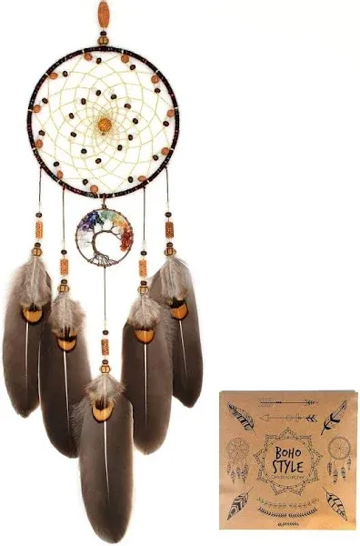 Urdeoms Tree of Life Dream Catchers for Bedroom Adult Brown Boho Dream Catcher Wall Decor for Girls Chakra Crystal Healing Stones Hanging Ornament Room Decoration 18" Length(NO.12)