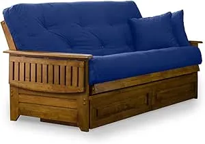 Nirvana Futons Brentwood Tray Arm Futon Frame, Drawers, and Royal Blue Mattress Set - Full, Rich Heritage Finish