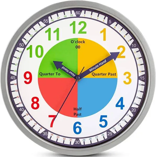 Bernhard Products Colorful Kids Wall Clock Teaching Time Telling Silent Non-Tick