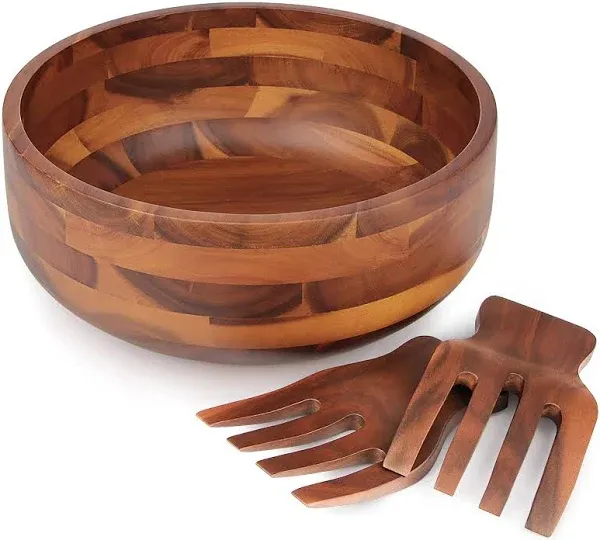 AIDEA Acacia Wood Salad Bowl Set with 2 Wooden Hands, Large Salad Bowl with Serving Utensils, Big Mixing Bowl for Fruits, Salad, Cereal, Corn Flake,