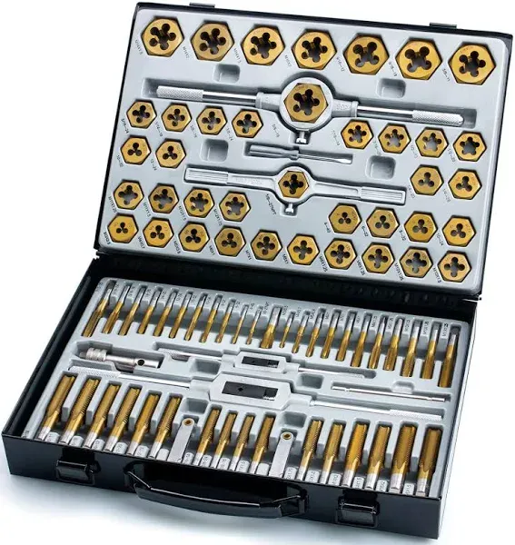 EFFICERE 86-Piece Master Tap and Hex Die Set, Premium Titanium Coating | SAE Size #4 to 5/8”, Metric Size M3 to M16 | for All Coarse, Fine, Pipe