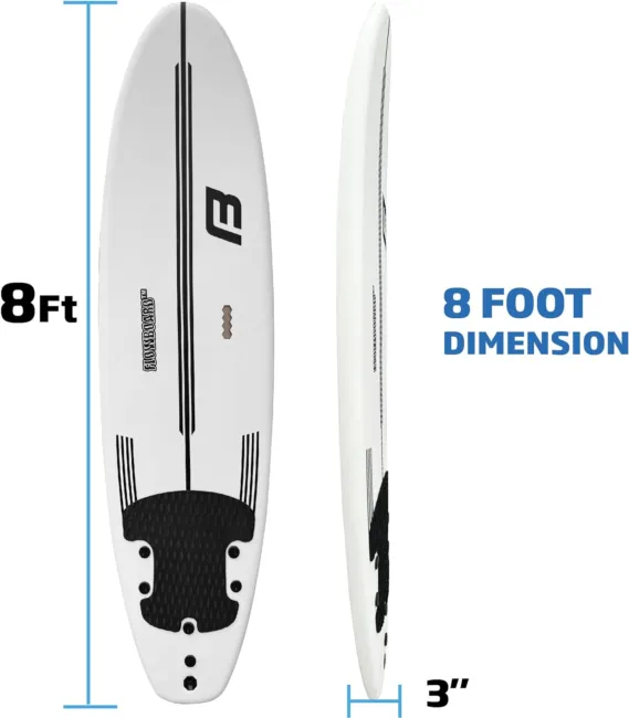 FLOWBOARD Surfboard Softboard Foam 6’ and 7’ and 8' - includes (3) Fins 6 Foot Long Leash and (2) Wood Stringers - Kids & Adults - Beginner to Intermediate - Comes with High Performance Traction Pad