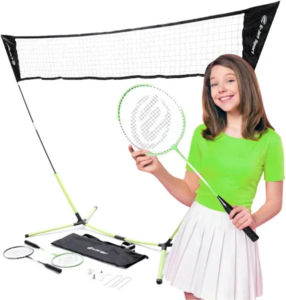 Badminton Net Rackets Shuttlecocks Combo Set - Portable & Instant Setup (Backyard Fun, Beach Park Picnic Outdoor Games), Green, 5.1 x 7.8Ft, (EOB72740)