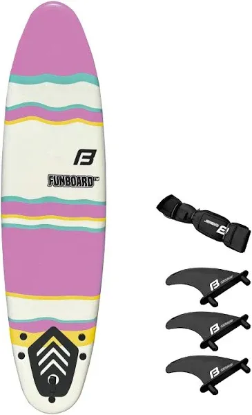 FLOWBOARD Surfboard Softboard Foam 6’ and 7’ and 8' - includes (3) Fins 6 Foot Long Leash and (2) Wood Stringers - Kids & Adults - Beginner to Intermediate - Comes with High Performance Traction Pad