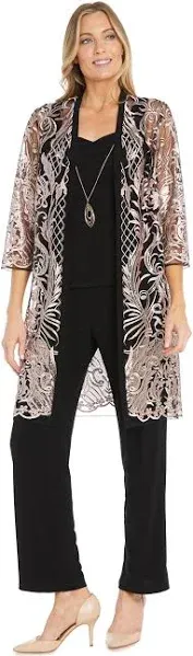 R&M Richards 3PC Glitter Embroidered Pant Set W/Duster Jacket & Tank Top.