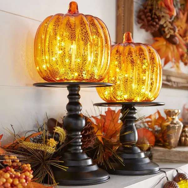 BrylaneHome 11"H x 6"Diam. Pre-Lit Glass Pumpkin on Stand