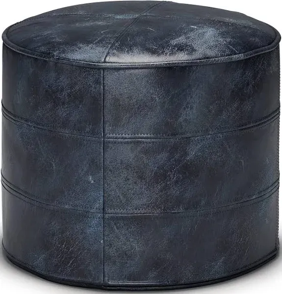 Simpli Home Connor Boho Round Pouf 14&#034;H X18&#034;W In Distressed Navy Blue Leather