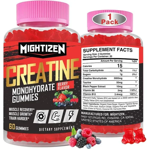 Mightizen Creatine Monohydrate Gummies Complex 5000mg for Men & Women Creatine Pre-Workout Gummies +Taurine & Vitamin B12 for Max Strength