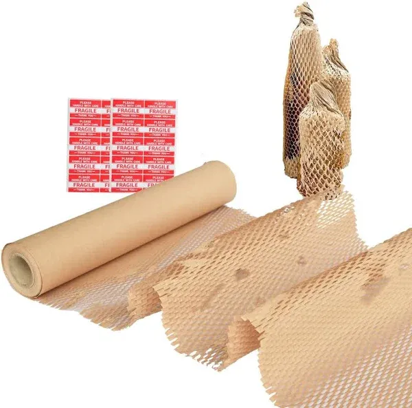 Honeycomb Packing Paper,12" W x 200' L Bubble Cushioning Wrap for Moving,Products & Gifts Wrapping Paper,Recyclable and Biodegradable Cushioning Packing Material with 20 Fragile Sticker Labels