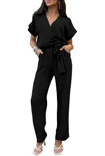 PRETTYGARDEN Women's Casual Wrap V Neck Belted Wide Leg Jumpsuit