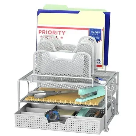 SimpleHousewar<wbr/>e Mesh Desk Organizer with Sliding Drawer, Double Tray and Silver