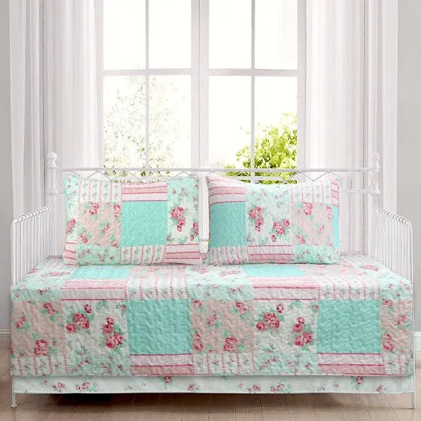 Cozy Line 7 Piece Daybed Cover Set - Pink Garden Bloom Floral Blue Rose Spring Reversible All Season Luxury Bedding with Bedskirt, Pillow Shams, Decorative Pillows