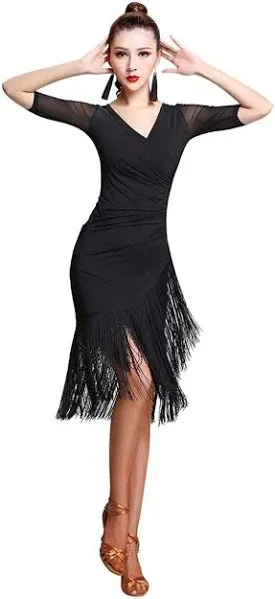 Z&X Women's Ballroom Dance Costume V Neck Pleated Long Fringed Tango Salsa Latin Dance Dress with Shorts