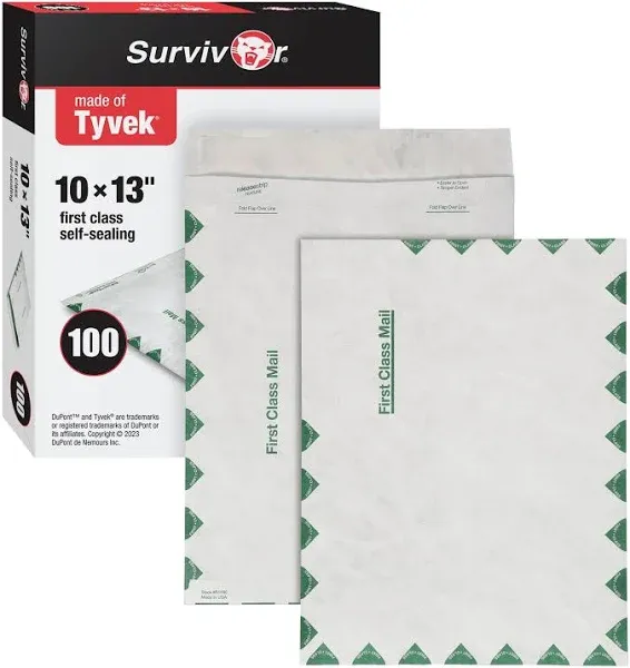 Quality Park R1590 Survivor Tyvek USPS First Class Mailer, 10 x 13, White, Pack of 100