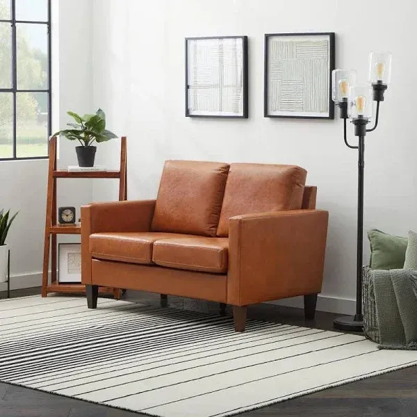 Edenbrook Archer Upholstered Loveseat - Camel Faux Leather Loveseat - Living Room Furniture - Small Loveseat - Mid Century Modern Loveseat - SEATS