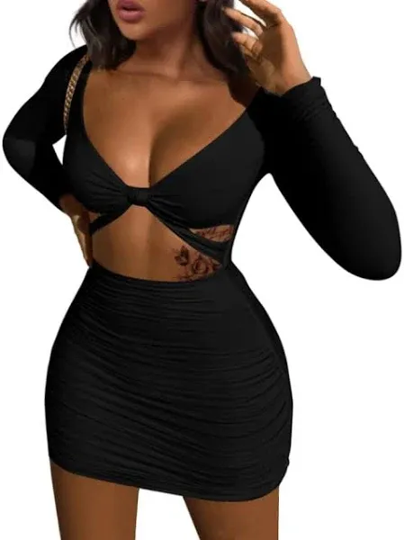 XXTAXN Women's Sexy Bodycon Deep V Neck Long Sleeve Cut Out Club Mini Dress