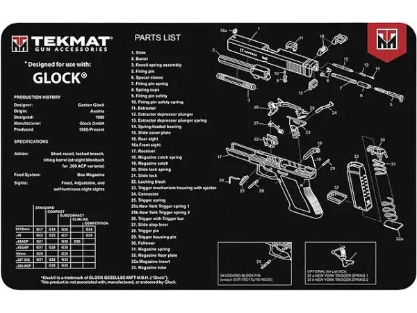 TEKMAT GUN CLEANING MAT GLOCK GMBH PISTOL PARTS SCHEMATIC DIAGRAM 11&#034;x17&#034; NEW