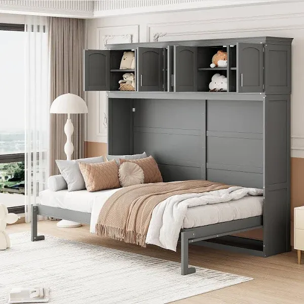 EMKK Full Size Murphy Bed Wall Bed with Top Cabinets,Wood Murphy Bed Chest Wall Bed, Folding Wall Bed for Home Office Small Room Bedroom Guestroom